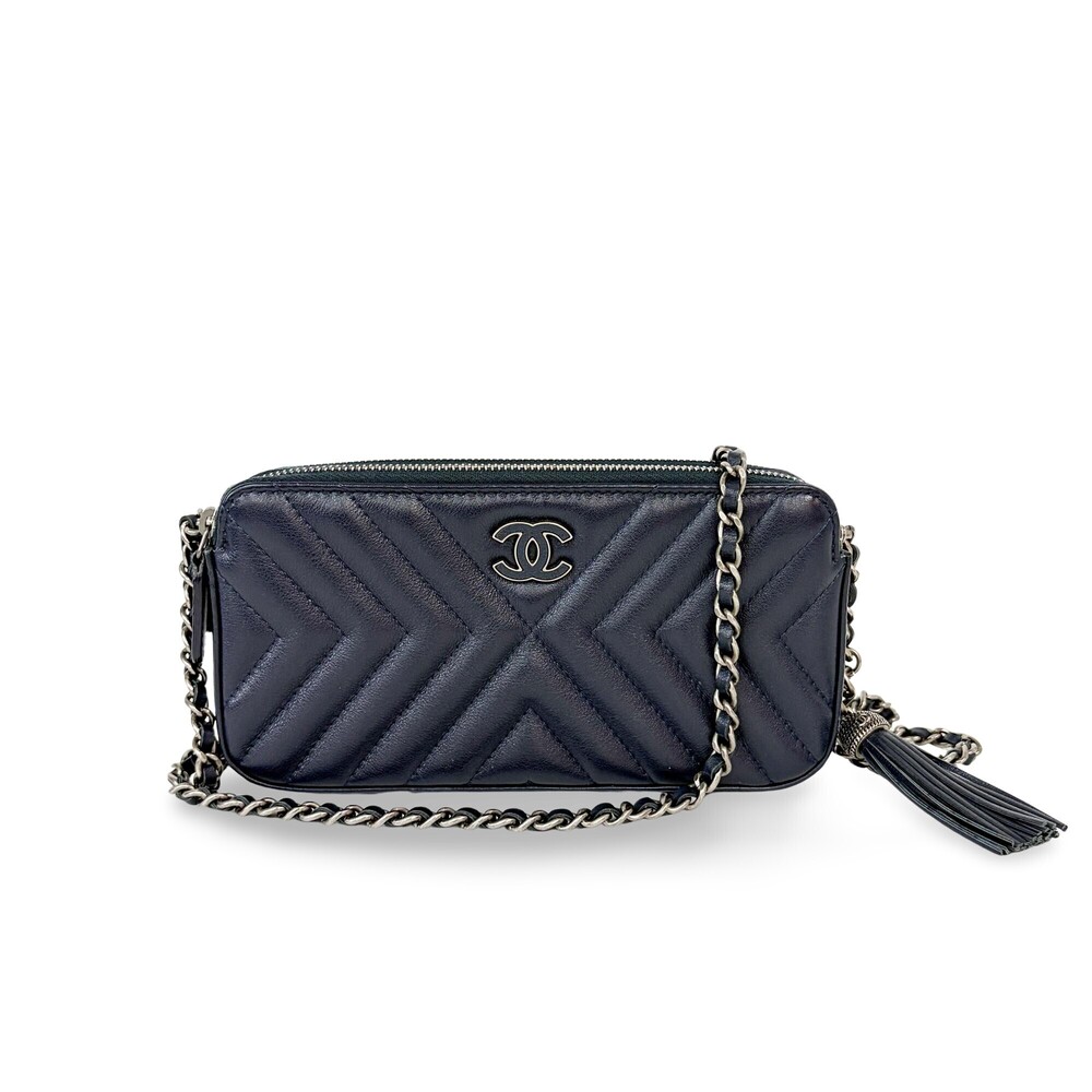 Chanel CC Double Zip Clutch with Chain Chevron Lambskin